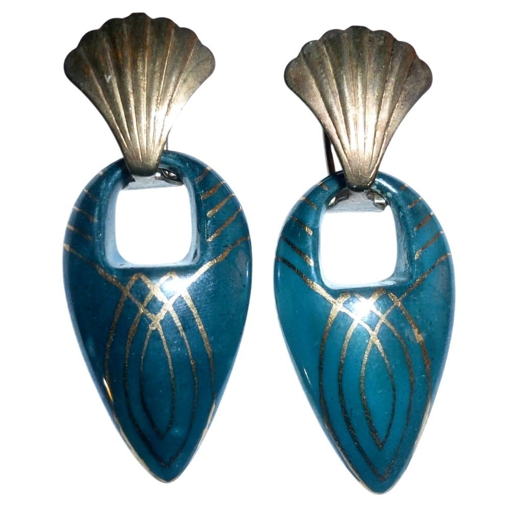 Vintage Teal Gold Fan Shell Dangle Earrings Brass Enamel Pierced Artisan Signed